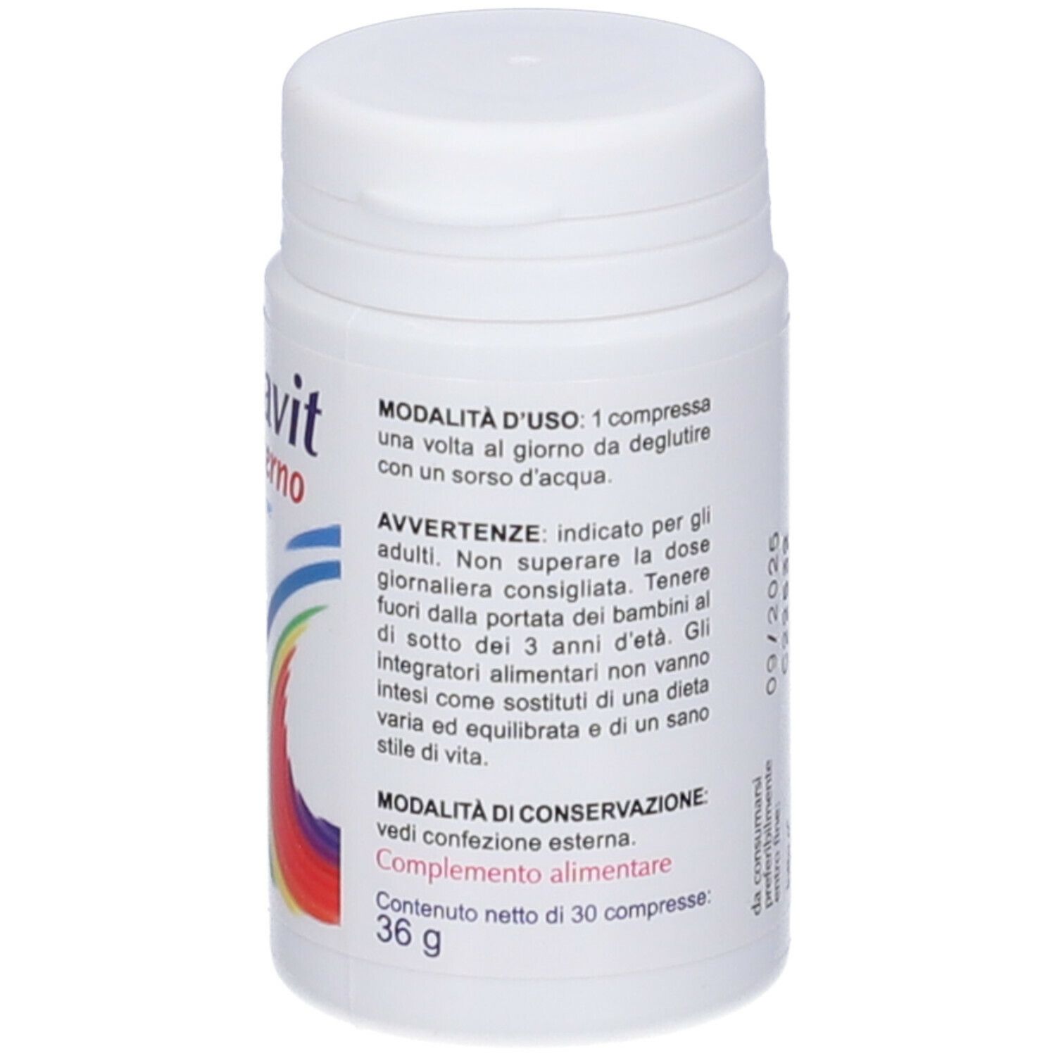 Flacone bianco con etichetta. Testo: Premavit Materno, modalità d'uso, avvertenze, contenuto 30 compresse, 36 g.