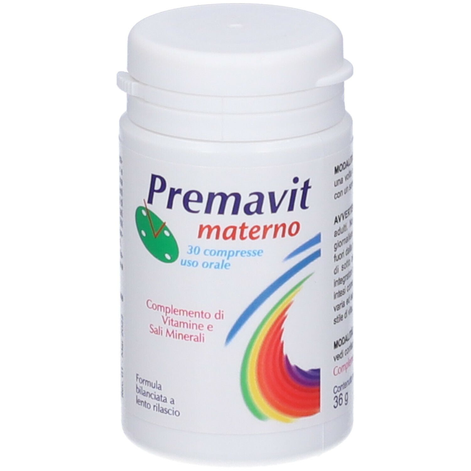 Flacone bianco con Premavit materno. Contiene 30 compresse. Integratore con vitamine e minerali.