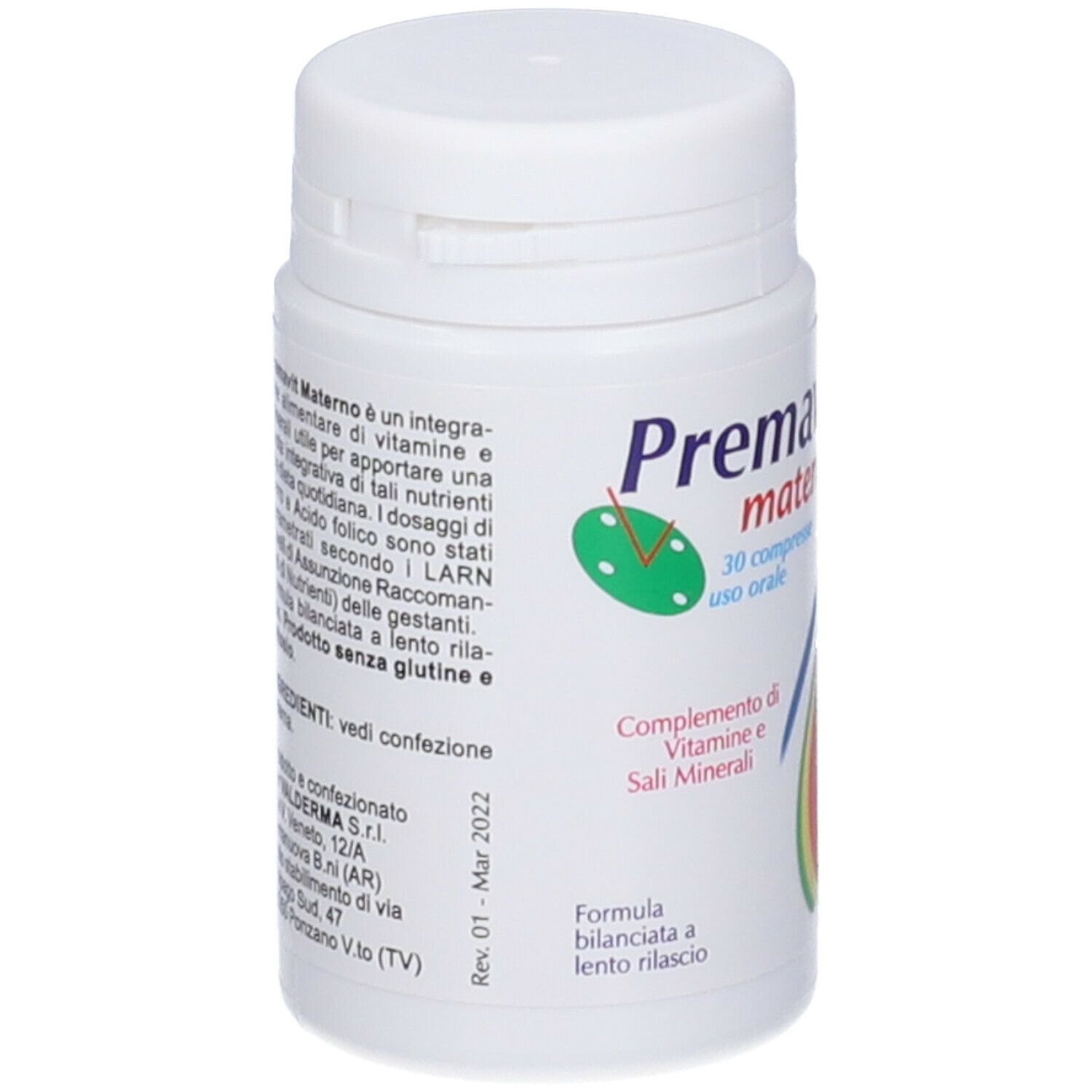 Flacone bianco con etichetta. Testo: Premavit Materno, integratore, ingredienti, indirizzo produttore, scadenza.