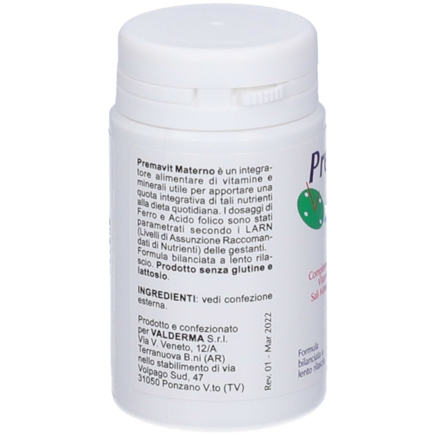 Flacone bianco con etichetta. Testo: Premavit Materno, integratore, ingredienti, indirizzo produttore, scadenza.