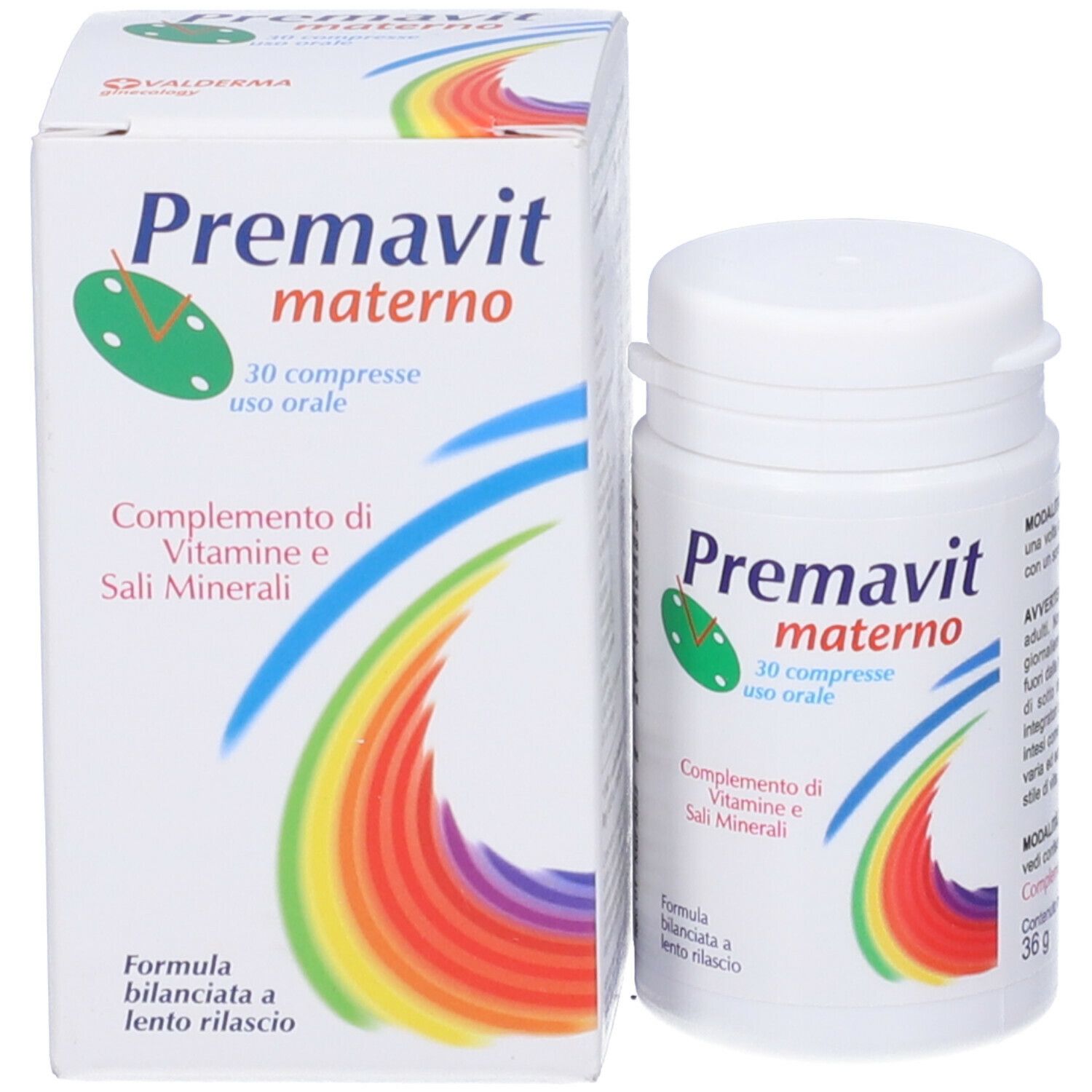 Flacone e scatola bianchi con Premavit materno. Contiene 30 compresse. Integratore con vitamine e minerali.