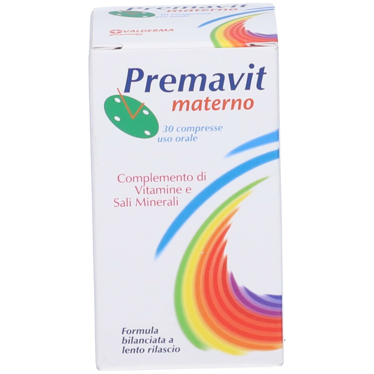 Scatola con Premavit materno. Contiene 30 compresse. Integratore con vitamine e minerali.