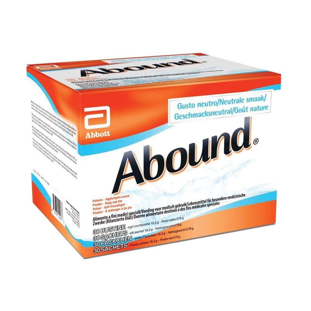 Scatola Abound, logo Abbott. Confezione arancione e bianca con testo multilingue. Contiene 30 bustine.