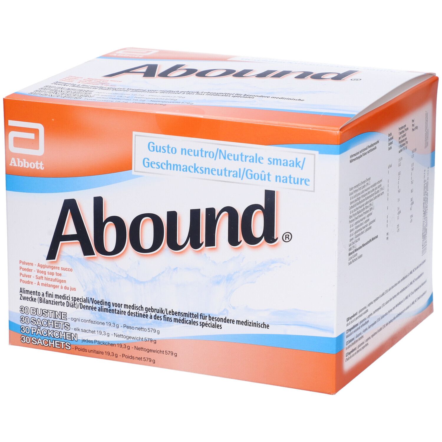 Scatola Abound, logo Abbott. Confezione arancione e bianca con testo multilingue. Contiene 30 bustine.