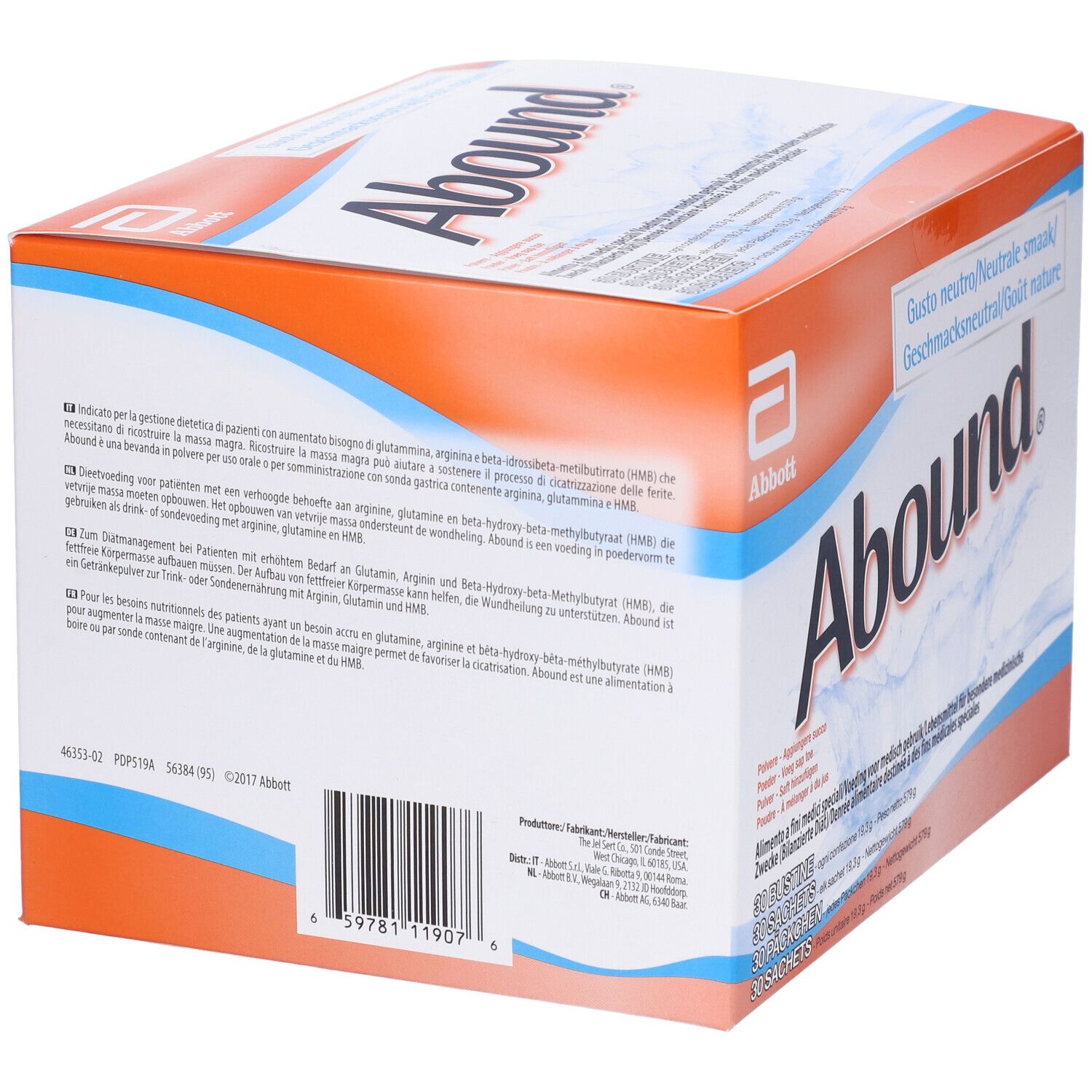 Retro della scatola Abound. Testo multilingue, logo Abbott. Codice a barre e informazioni sul prodotto.