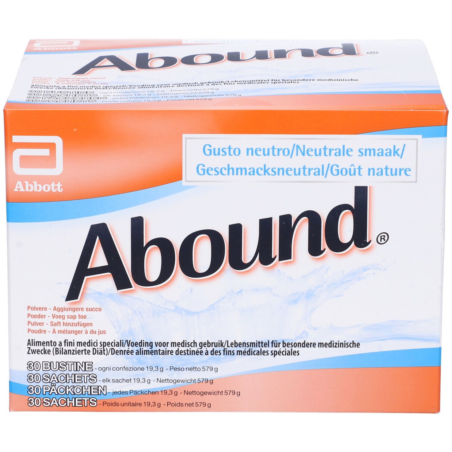 Scatola Abound, logo Abbott. Confezione arancione e bianca con testo multilingue. Contiene 30 bustine.