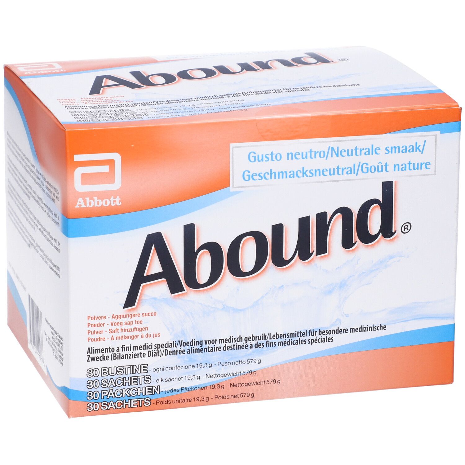 Scatola Abound, logo Abbott. Confezione arancione e bianca con testo multilingue. Contiene 30 bustine.