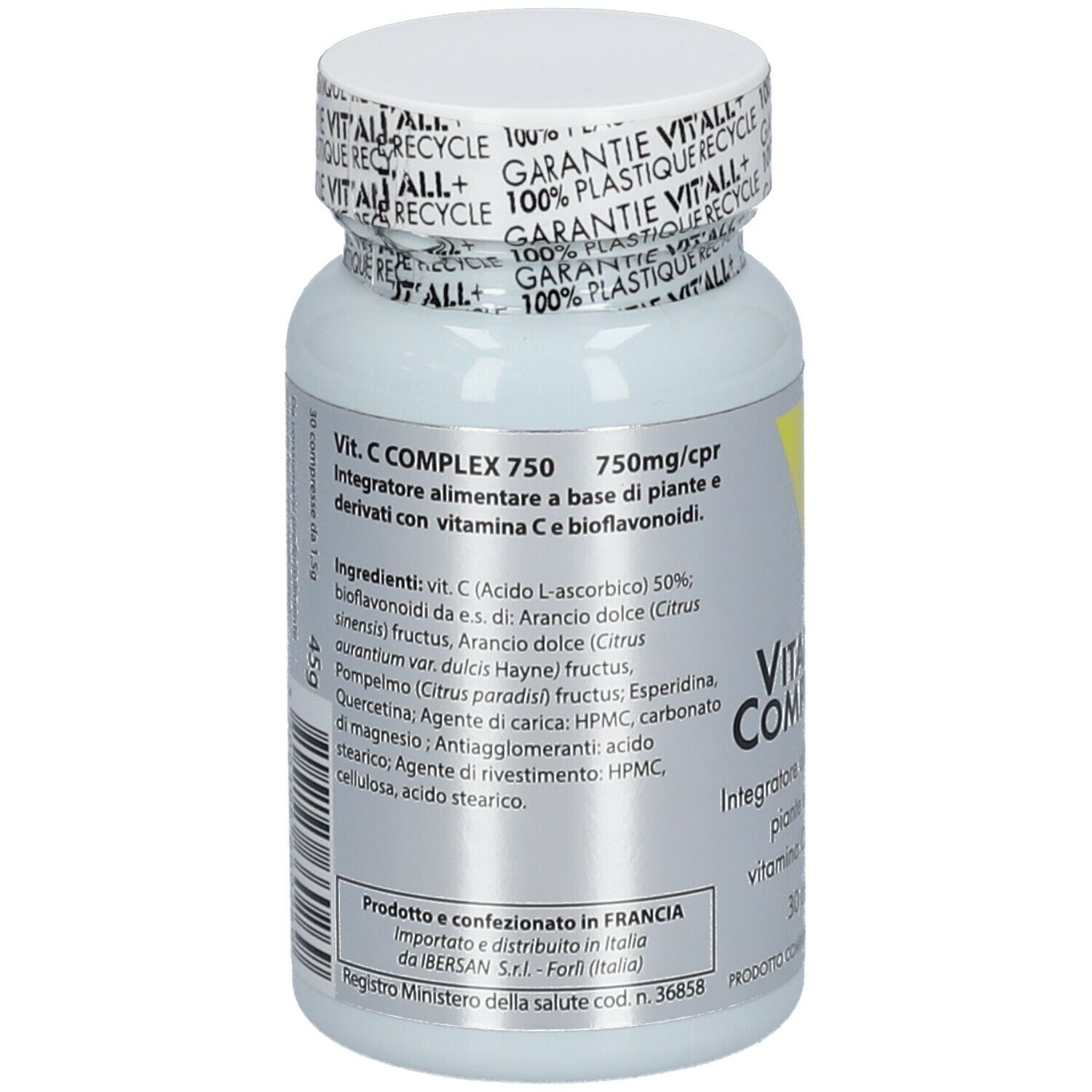 Retro del flacone bianco. Testo: Vit. C Complexe 750, ingredienti, informazioni produttore. 30 compresse. Prodotto in Francia.