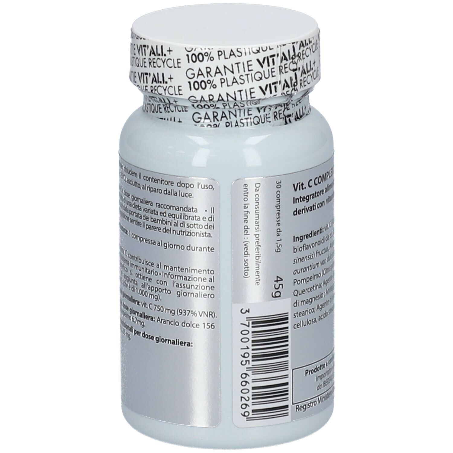 Retro del flacone bianco. Testo: Vit. C Complexe 750, ingredienti, scadenza, dosaggio. 45g. Vegano.