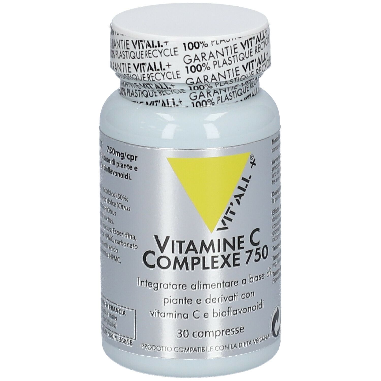 Flacone bianco con triangolo giallo e testo: VIT'ALL+ Vitamina C Complexe 750. 30 compresse. Tappo con indicazione di riciclo.