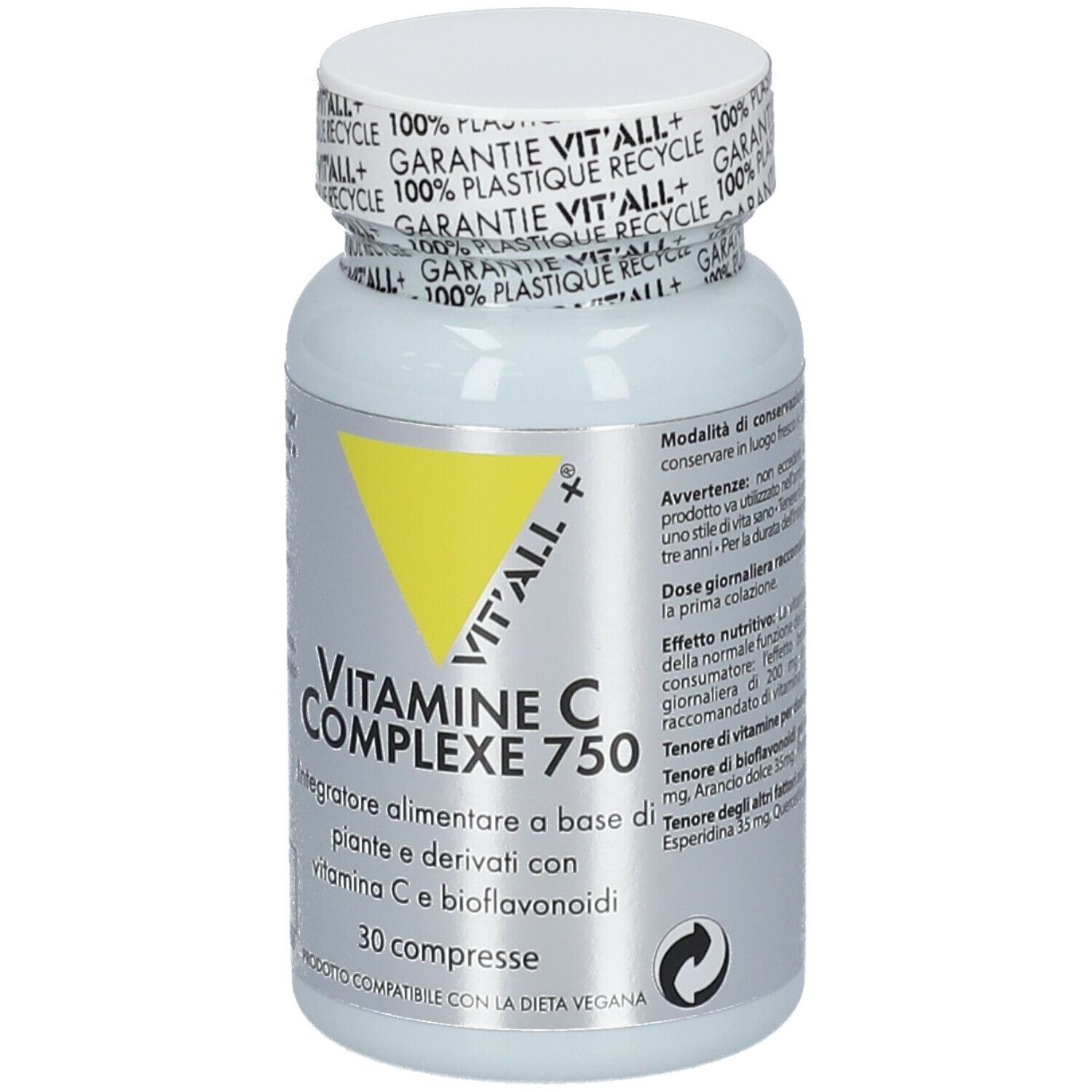 Flacone bianco con triangolo giallo e testo: VIT'ALL+ Vitamina C Complexe 750. 30 compresse. Tappo con indicazione di riciclo.