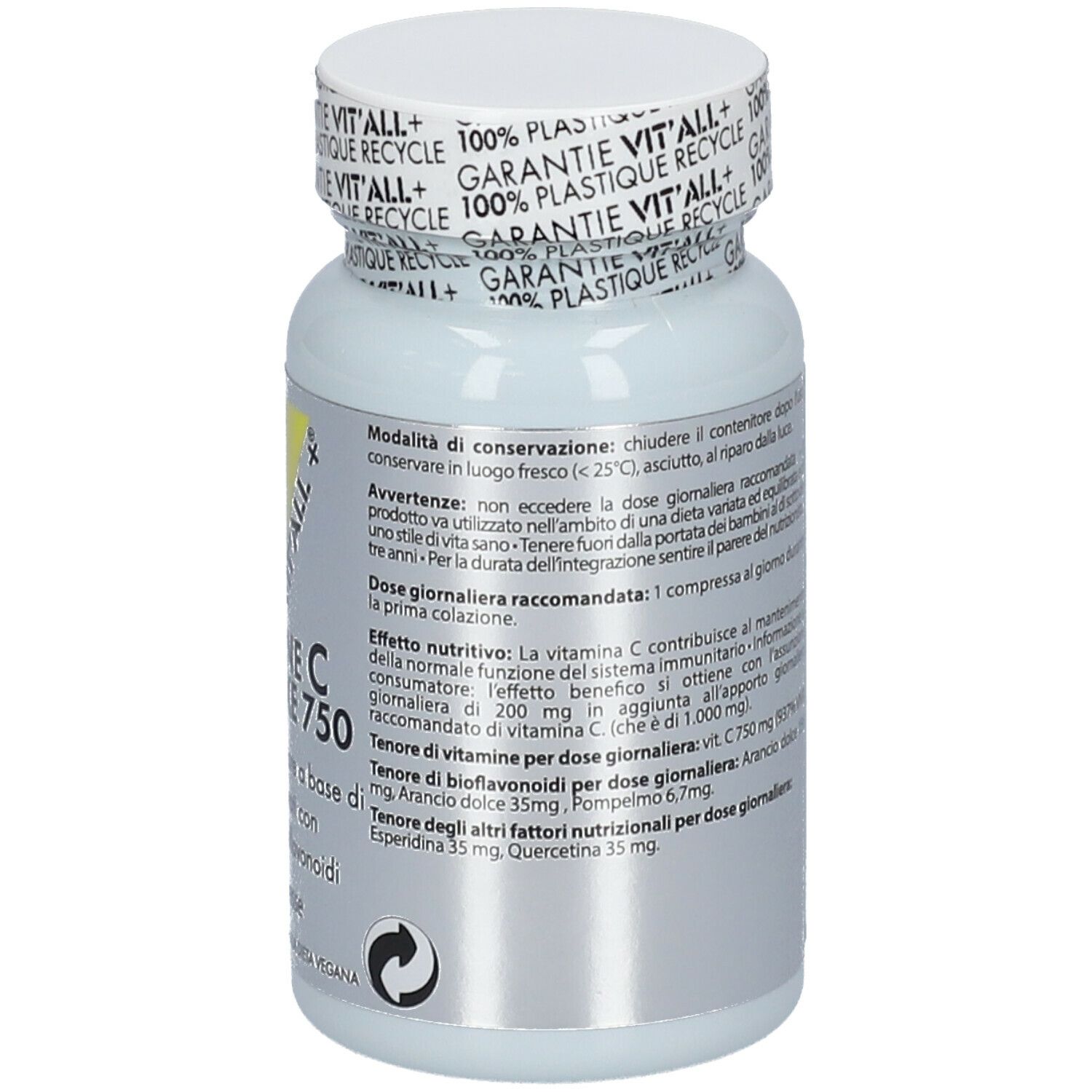 Retro del flacone bianco. Testo: Vit. C Complexe 750, ingredienti, scadenza, dosaggio. 45g. Vegano.