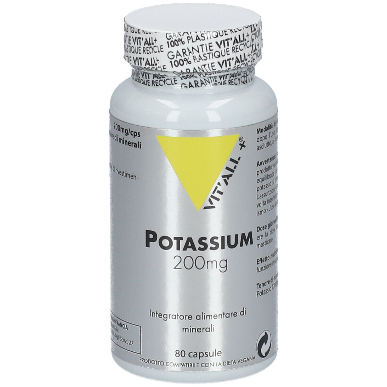 Flacone bianco con capsule. Scritta: VIT'ALL +, Potassium 200mg. Triangolo giallo. 80 capsule.