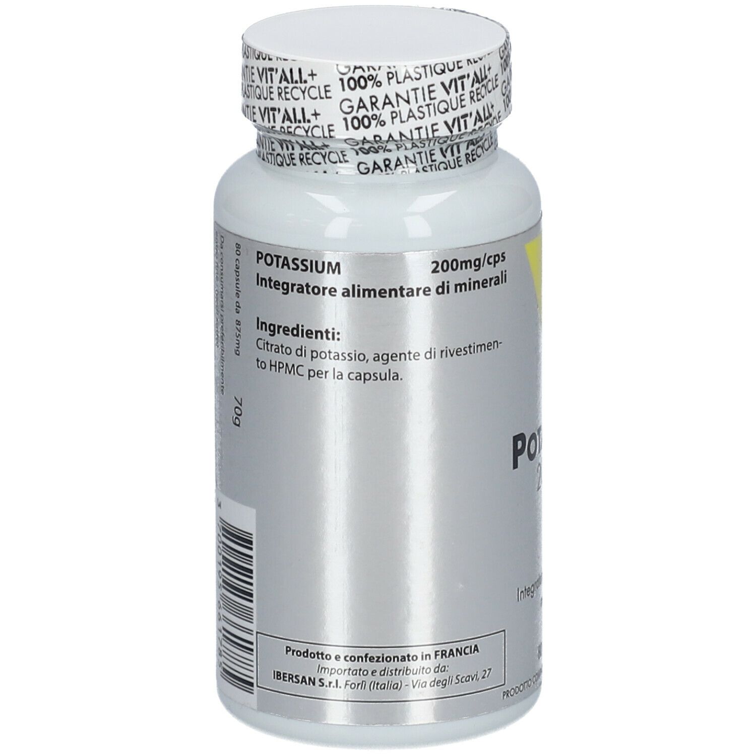 Retro del flacone bianco. Scritta: Potassium, 200mg/cps. Elenco ingredienti. Prodotto in Francia.