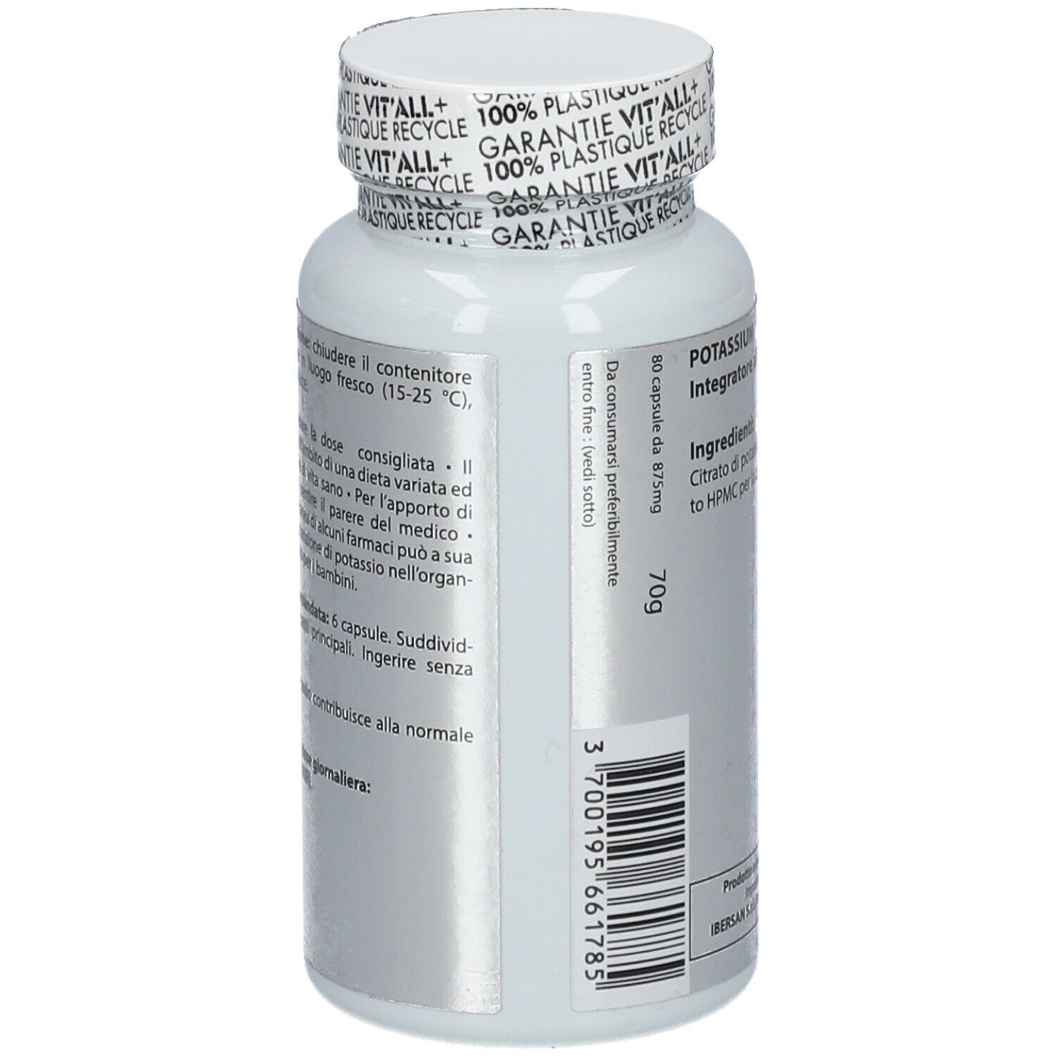 Retro del flacone bianco. Testo con raccomandazioni di dosaggio e avvertenze. Codice a barre.