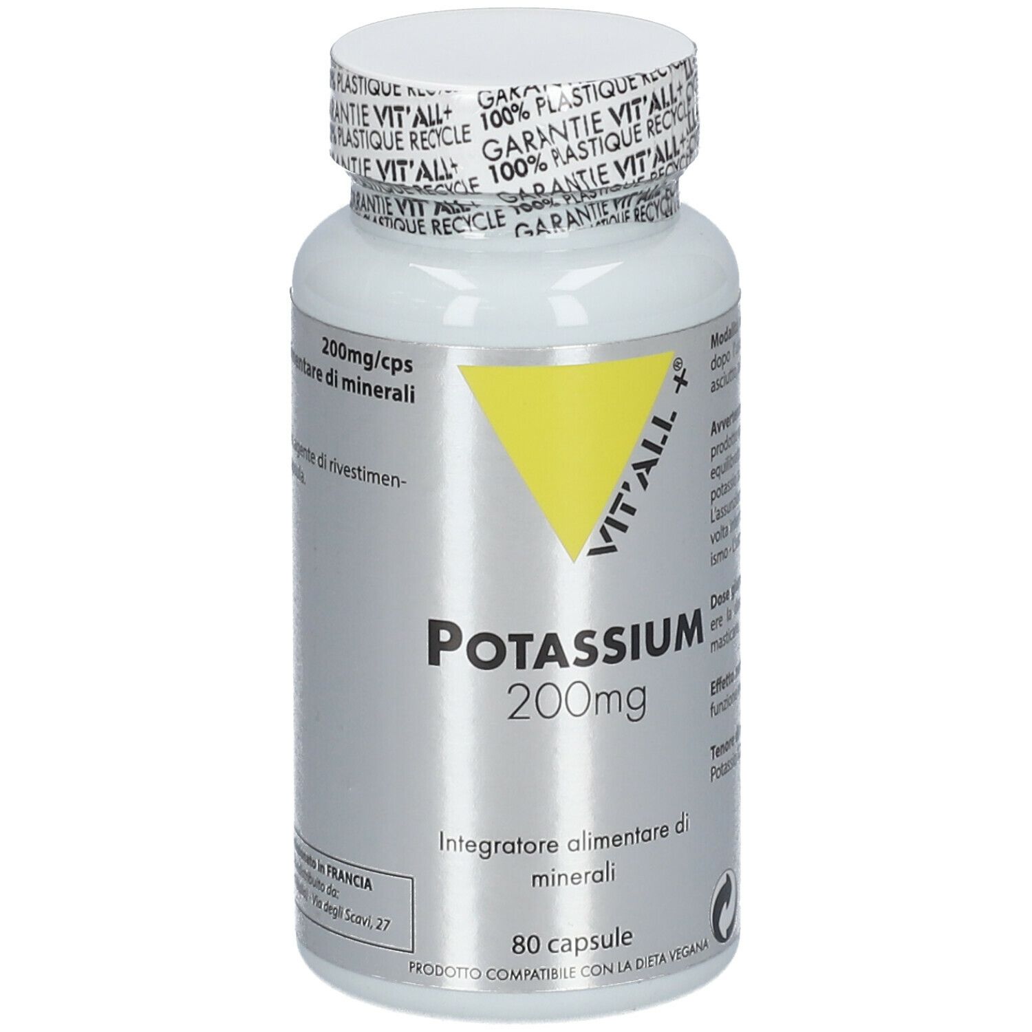 Flacone bianco con capsule. Scritta: VIT'ALL +, Potassium 200mg. Triangolo giallo. 80 capsule.