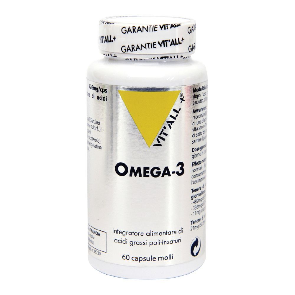 Flacone bianco con capsule. Scritta: VIT'ALL + Omega-3. Triangolo giallo. 60 capsule.