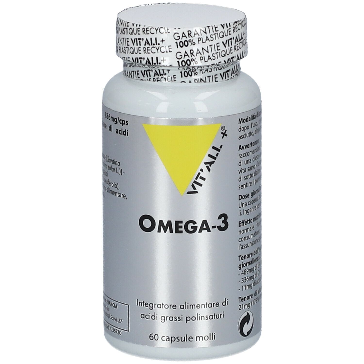 Flacone bianco con capsule. Scritta: VIT'ALL + Omega-3. Triangolo giallo. 60 capsule.