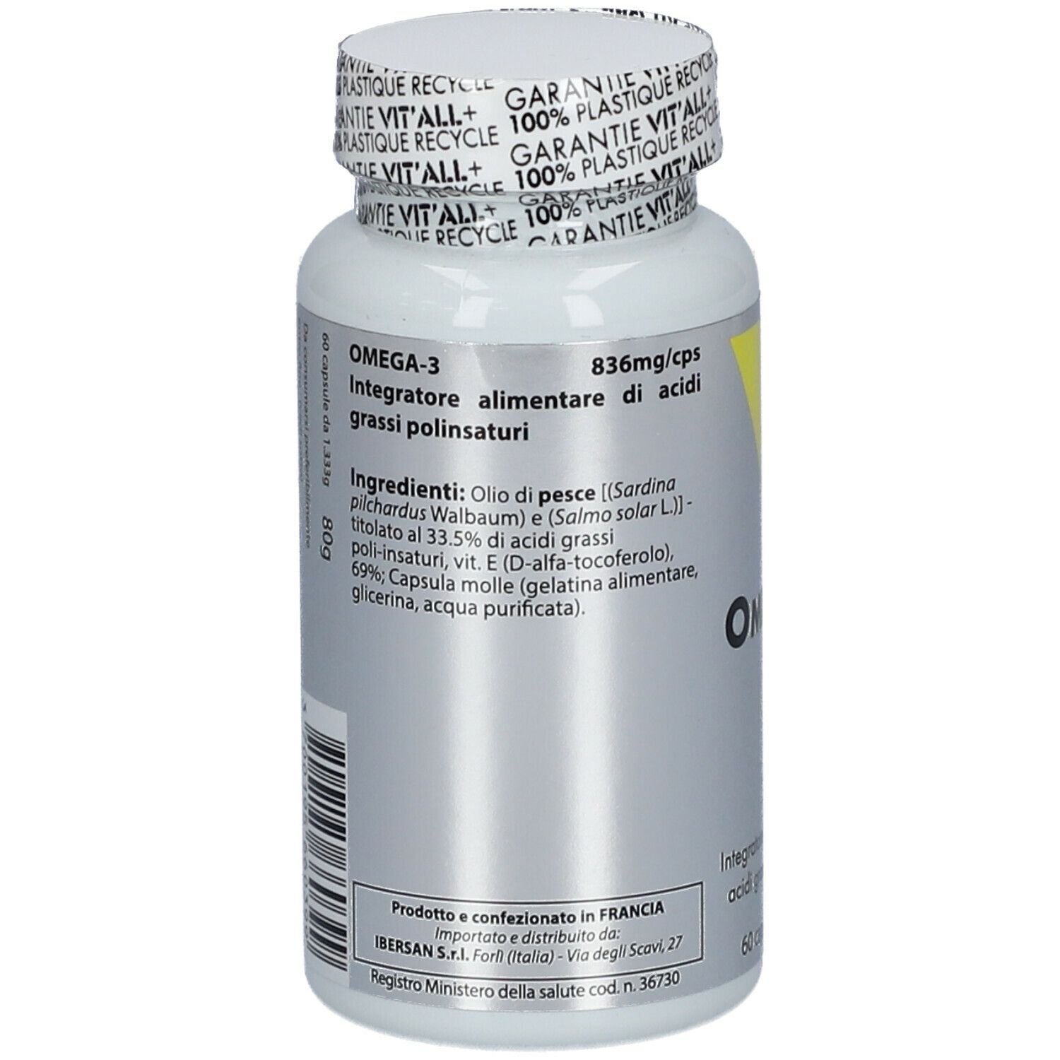 Flacone bianco con capsule. Scritta: VIT'ALL + Omega-3. Elenco ingredienti. 60 capsule.