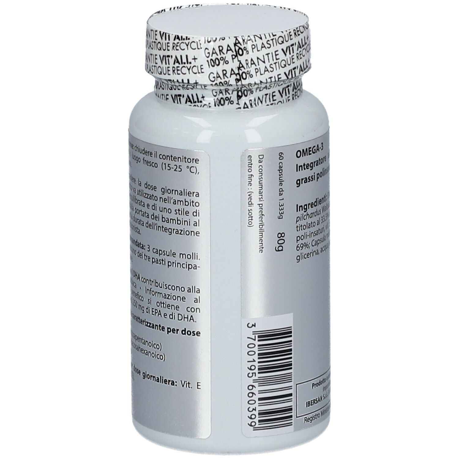 Flacone bianco con capsule. Scritta: VIT'ALL + Omega-3. Informazioni sul dosaggio. 60 capsule.