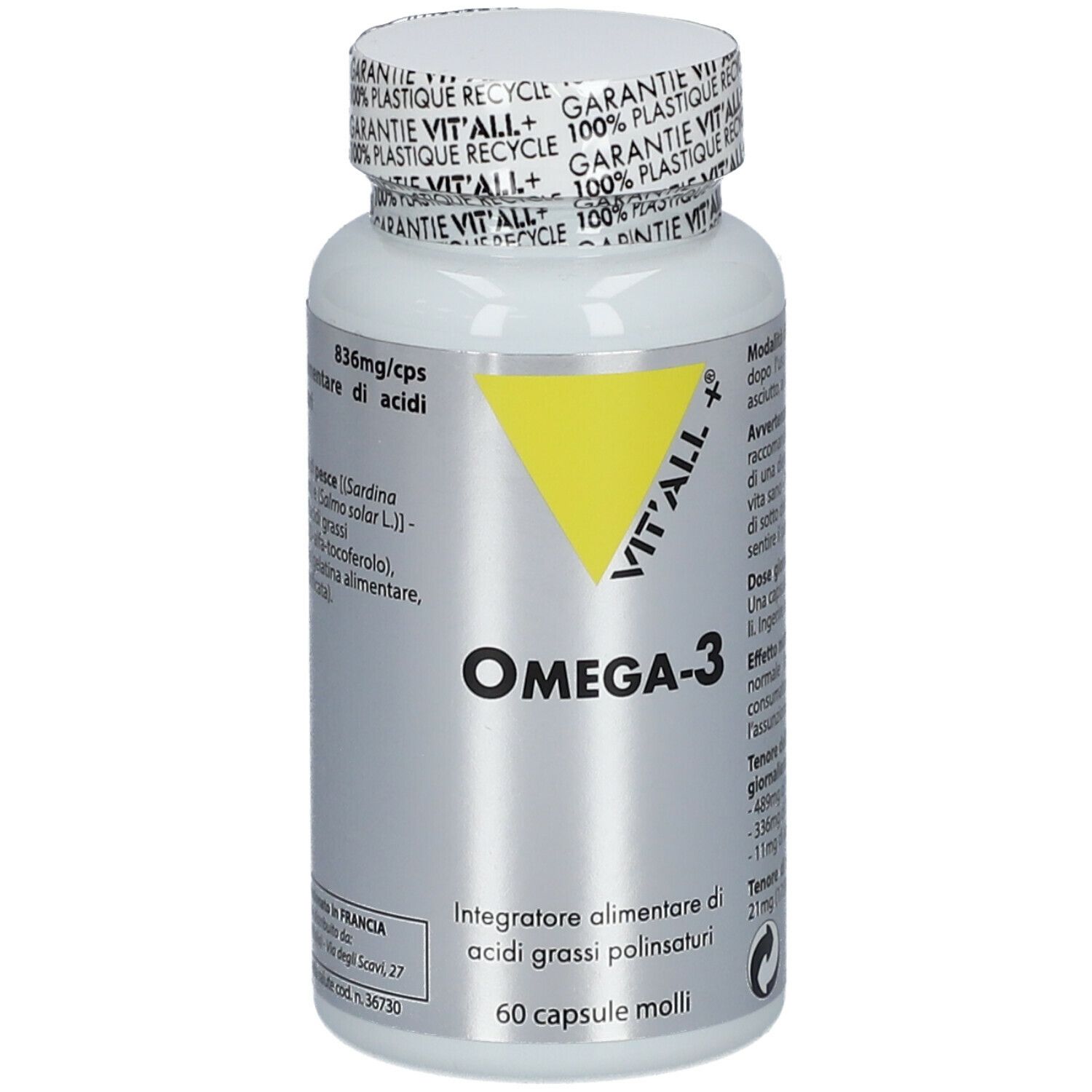 Flacone bianco con capsule. Scritta: VIT'ALL + Omega-3. Triangolo giallo. 60 capsule.