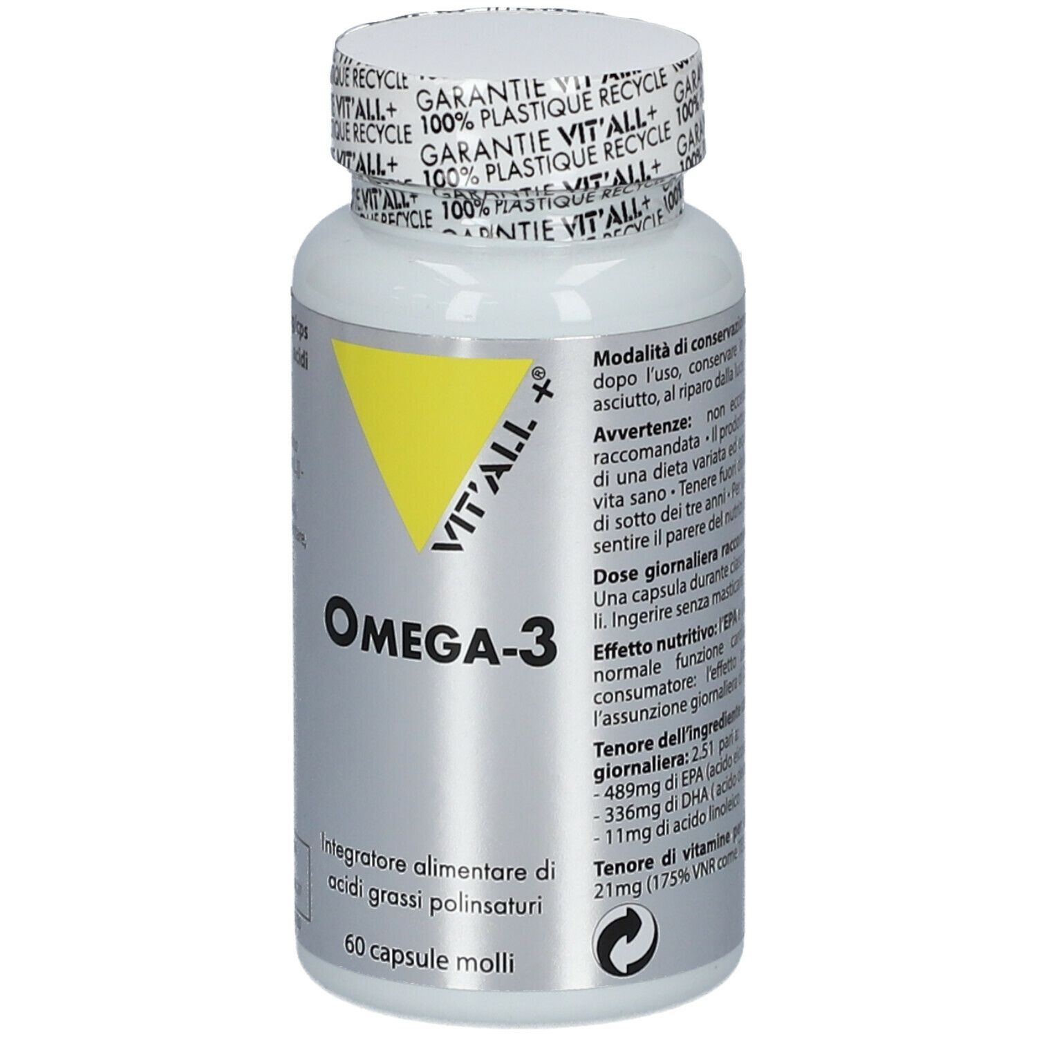 Flacone bianco con capsule. Scritta: VIT'ALL + Omega-3. Informazioni sul dosaggio. 60 capsule.