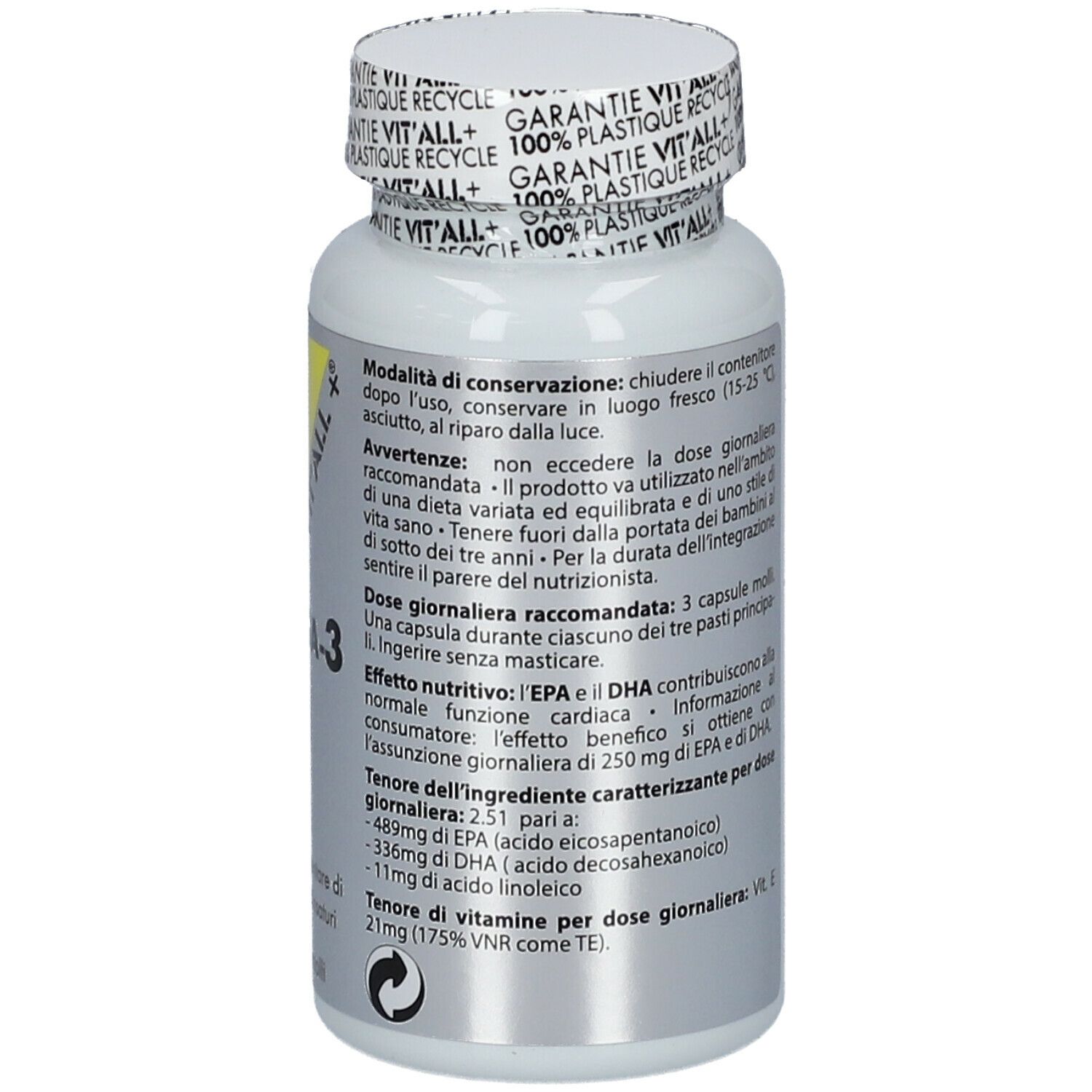 Flacone bianco con capsule. Scritta: VIT'ALL + Omega-3. Informazioni sul dosaggio. 60 capsule.