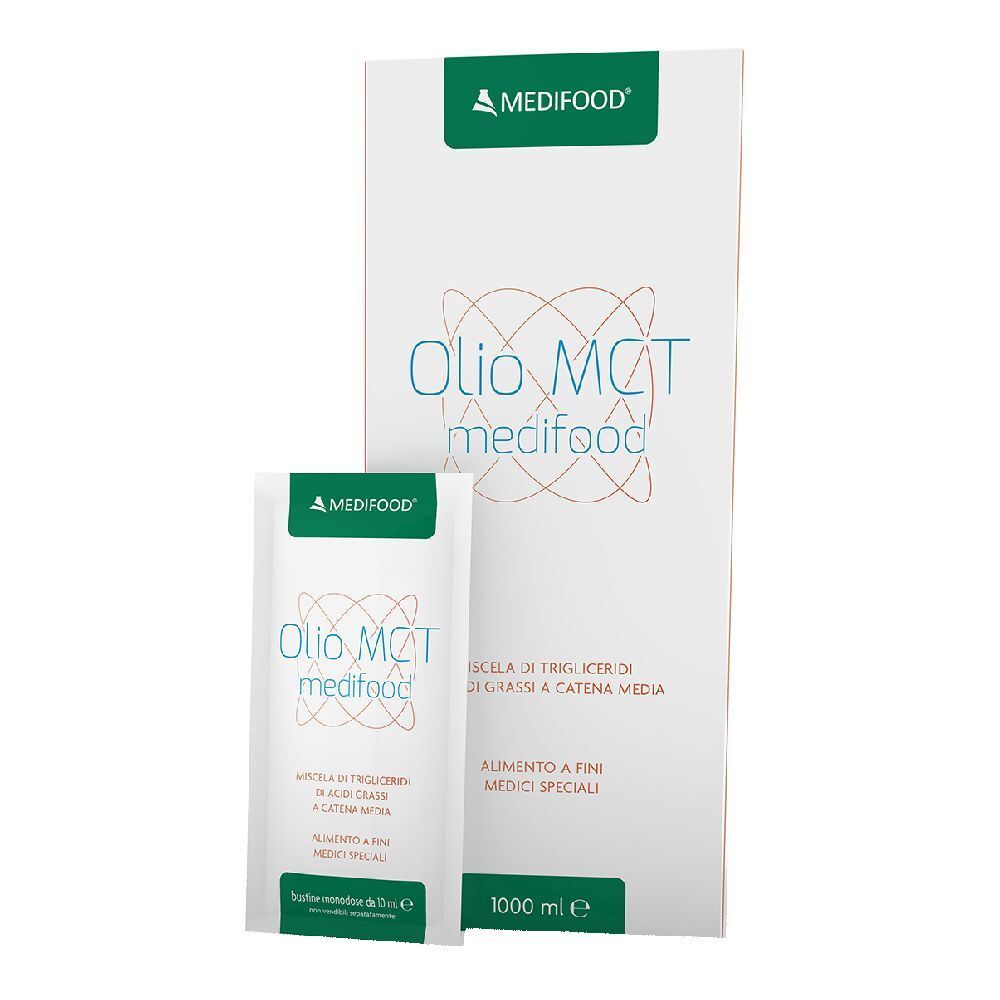 Confezione e bustina. Scritta: Olio MCT medifood. Marchio Medifood. 1000 ml.