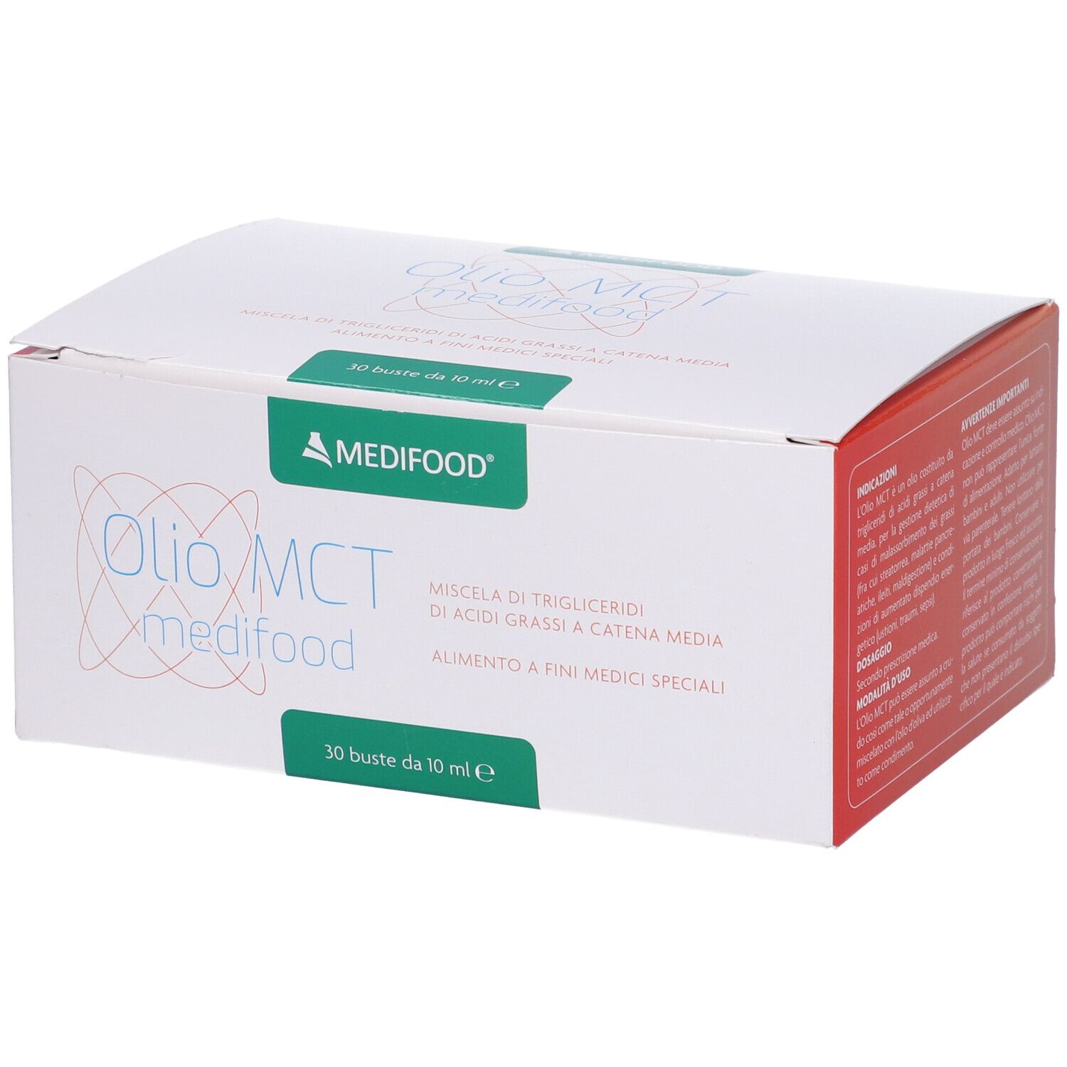 Scatola bianca con scritta Olio MCT medifood. Marchio Medifood. 30 buste da 10 ml.