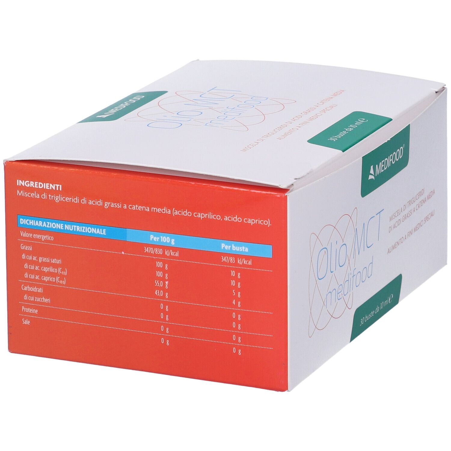 Scatola con scritta Olio MCT medifood. Marchio Medifood. Informazioni nutrizionali. 30 buste.