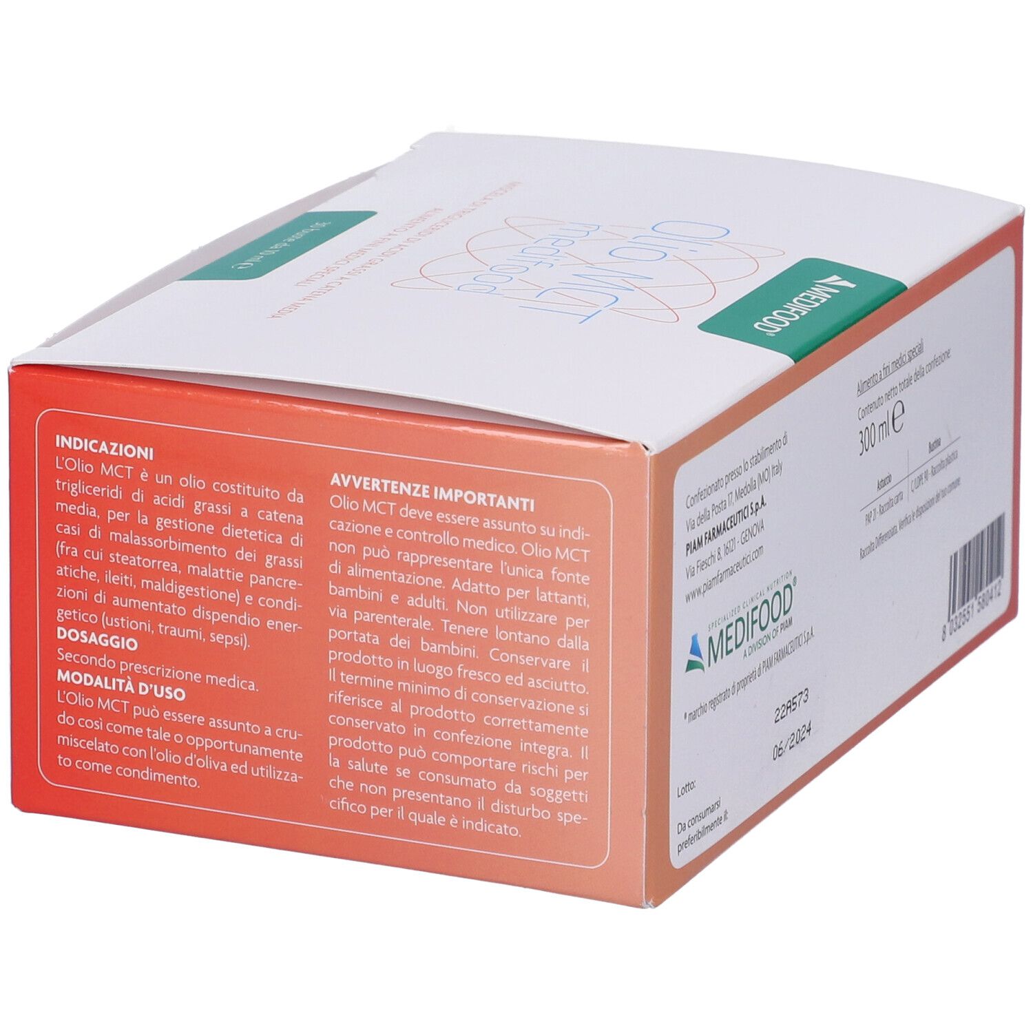 Scatola con scritta Olio MCT medifood. Marchio Medifood. 300 ml. Istruzioni per l'uso.