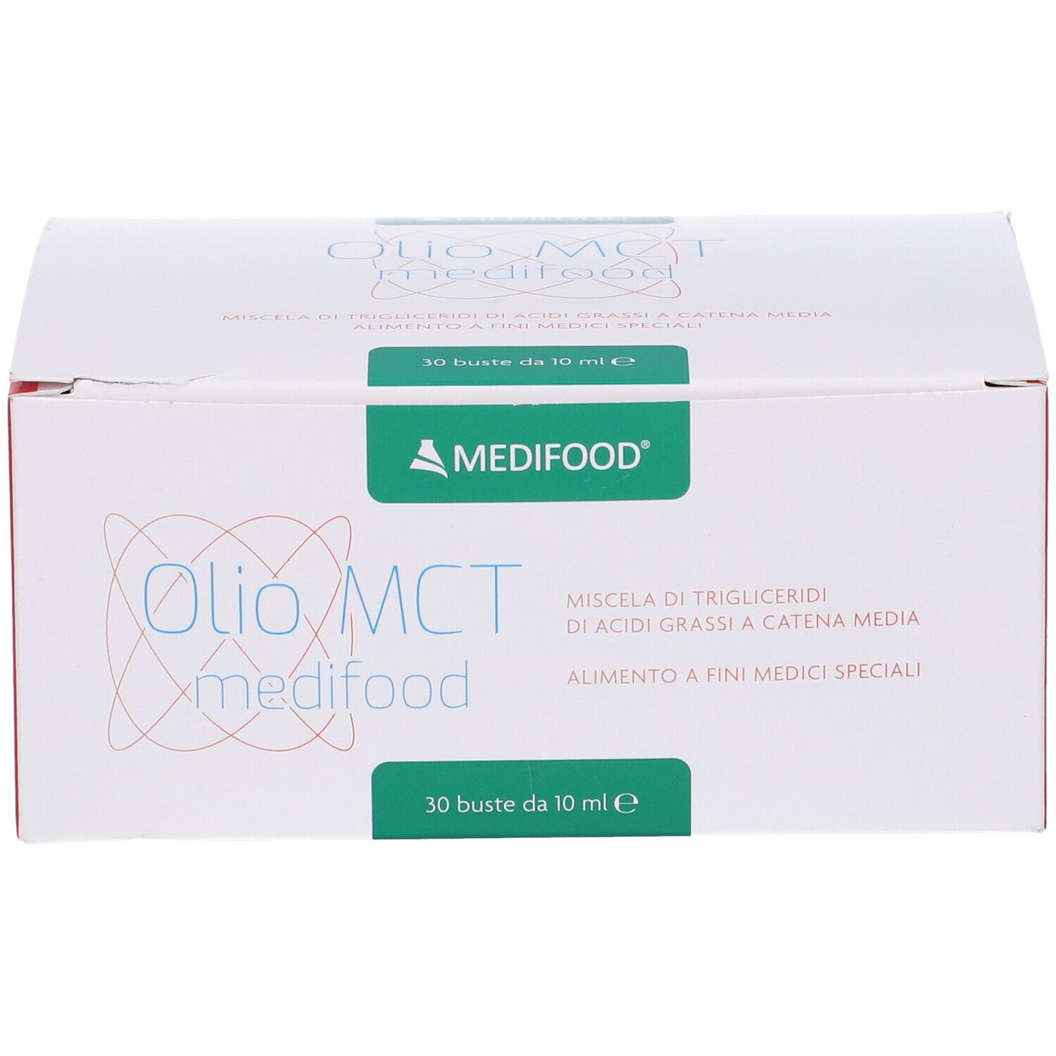 Scatola bianca con scritta Olio MCT medifood. Marchio Medifood. 30 buste da 10 ml.
