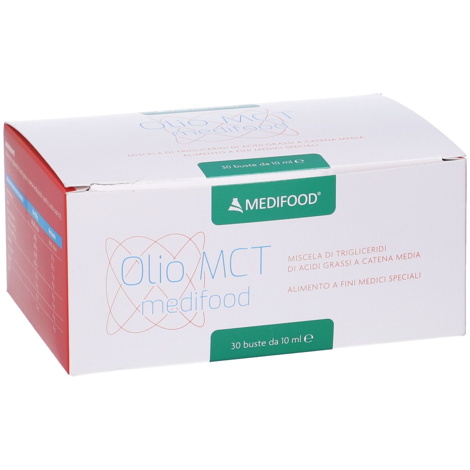 Scatola bianca con scritta Olio MCT medifood. Marchio Medifood. 30 buste da 10 ml.
