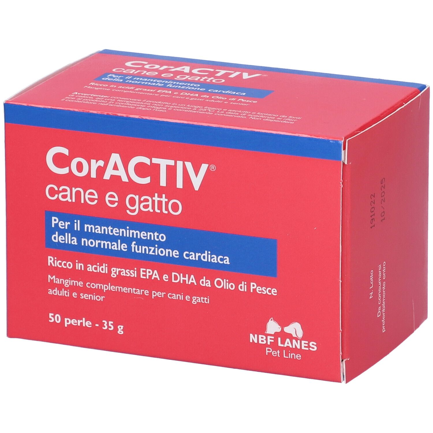 Scatola rossa con scritte blu. Scritto: CorACTIV, 50 perle. Per cani e gatti. Contiene EPA, DHA.