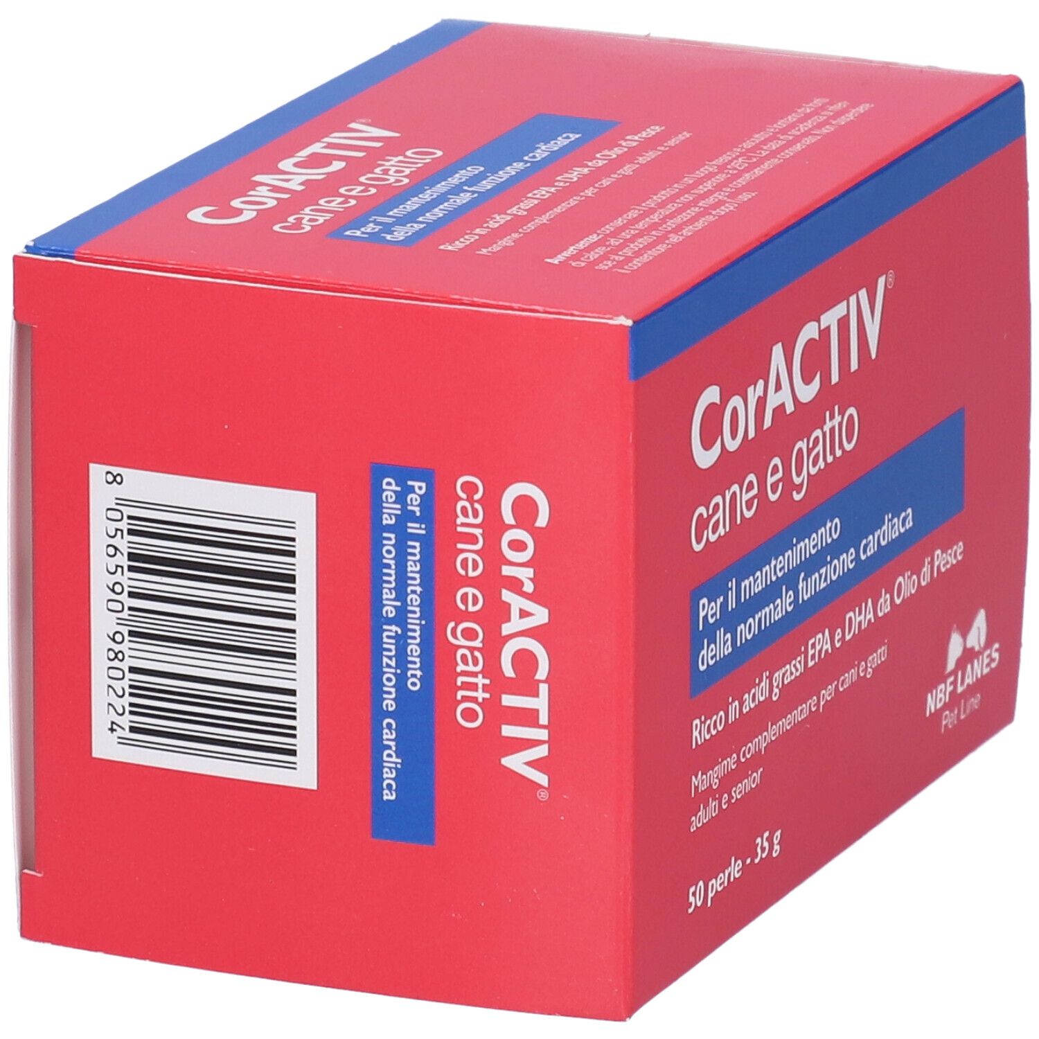 Scatola rossa con scritte blu. Scritto: CorACTIV, 50 perle. Per cani e gatti. Codice a barre.