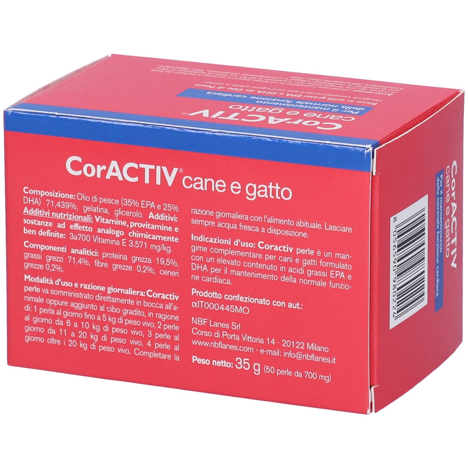 Scatola rossa con scritte blu. Scritto: CorACTIV, 50 perle. Per cani e gatti. Retro con testo.