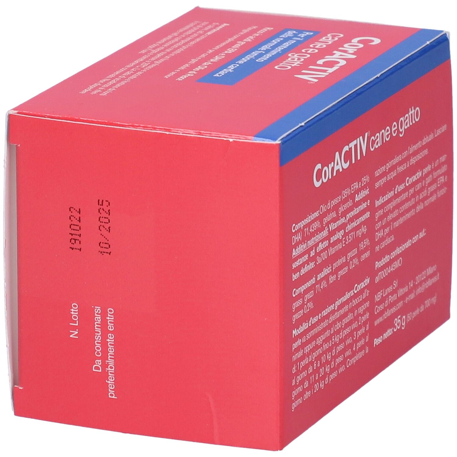 Scatola rossa con scritte blu. Scritto: CorACTIV, 50 perle. Per cani e gatti. Data di scadenza.