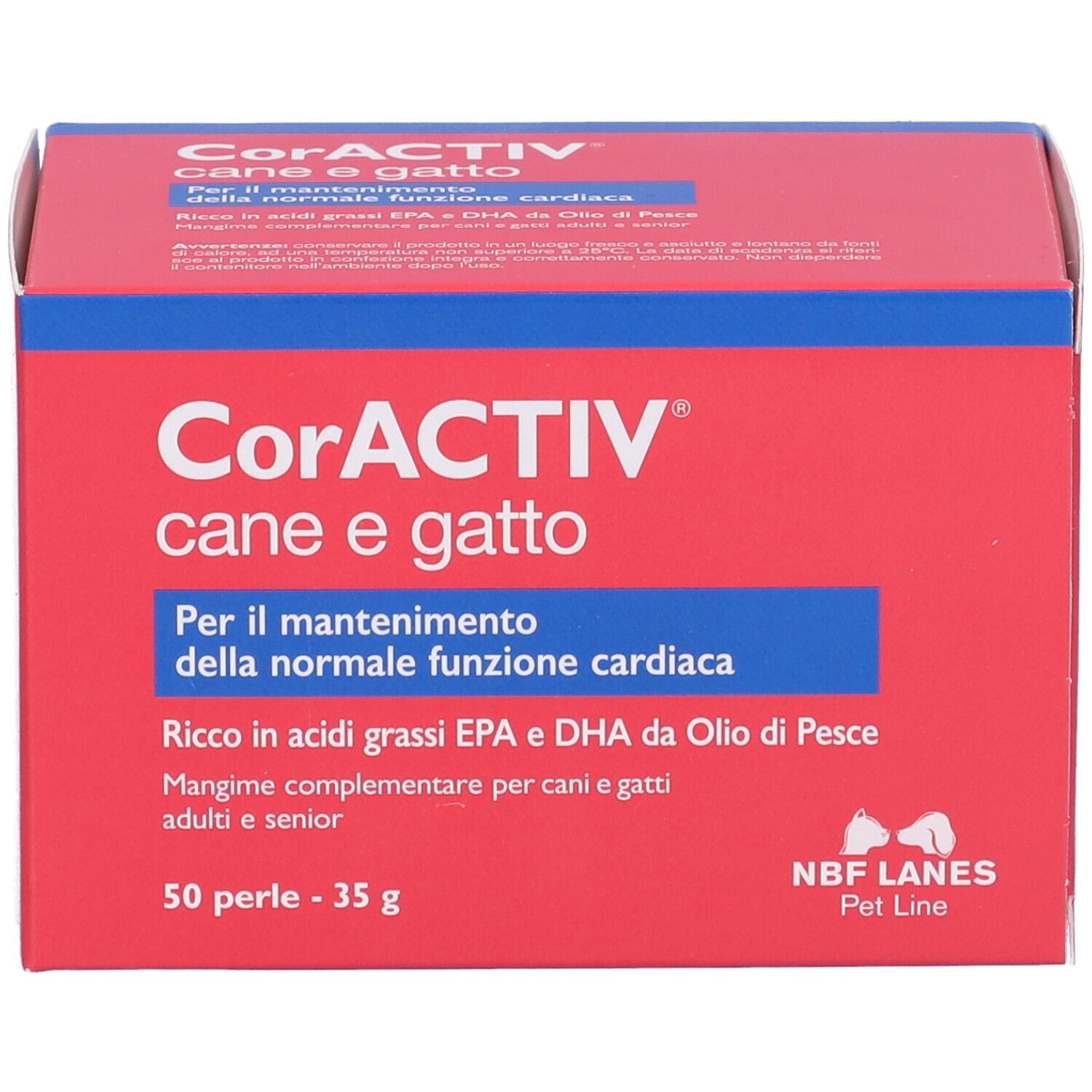 Scatola rossa con scritte blu. Scritto: CorACTIV, 50 perle. Per cani e gatti. Peso: 35g.