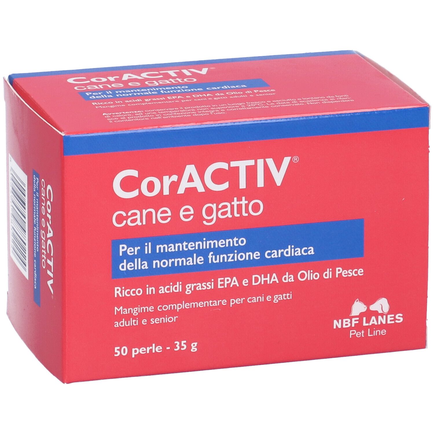 Scatola rossa con scritte blu. Scritto: CorACTIV, 50 perle. Per cani e gatti. Peso: 35g.