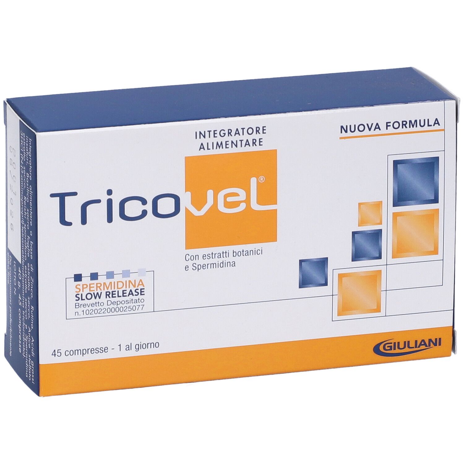 Scatola Tricovel, blu e arancione. Testo: Integratore Alimentare, Nuova Formula, 45 compresse - 1 al giorno. Logo Giuliani.