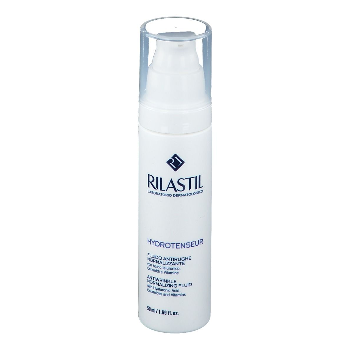 Flacone bianco con dosatore a pompa. Scritta: RILASTIL, HYDROTENSEUR, Fluido Antirughe Normalizzante. Con acido ialuronico, ceramidi e vitamine.