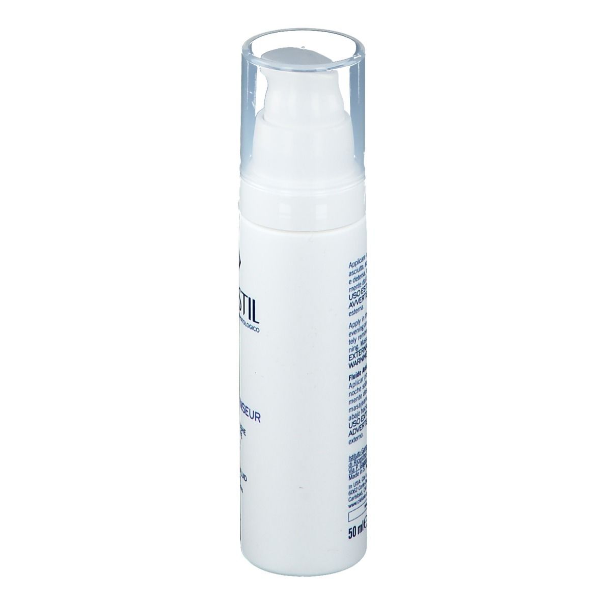 Flacone bianco con dosatore a pompa. Scritta: RILASTIL, HYDROTENSEUR. Testo in italiano e inglese. 50 ml.