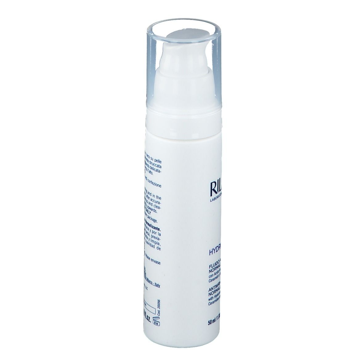 Flacone bianco con dosatore a pompa. Scritta: RILASTIL, HYDROTENSEUR. Testo in italiano e inglese. 50 ml.
