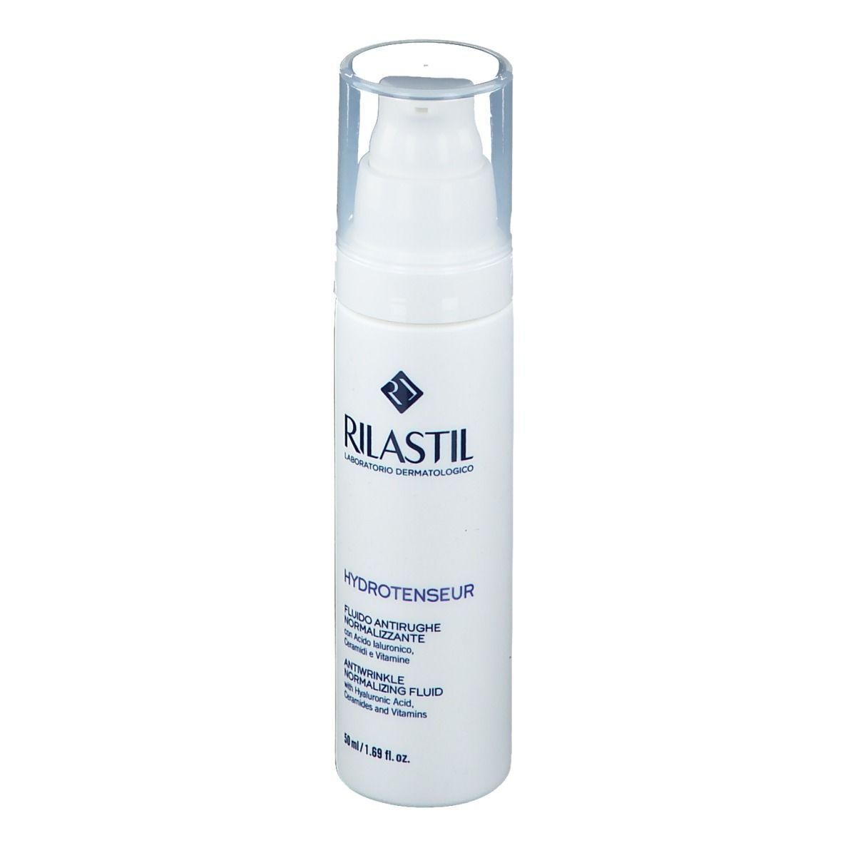 Flacone bianco con dosatore a pompa. Scritta: RILASTIL, HYDROTENSEUR, Fluido Antirughe Normalizzante. 50 ml.