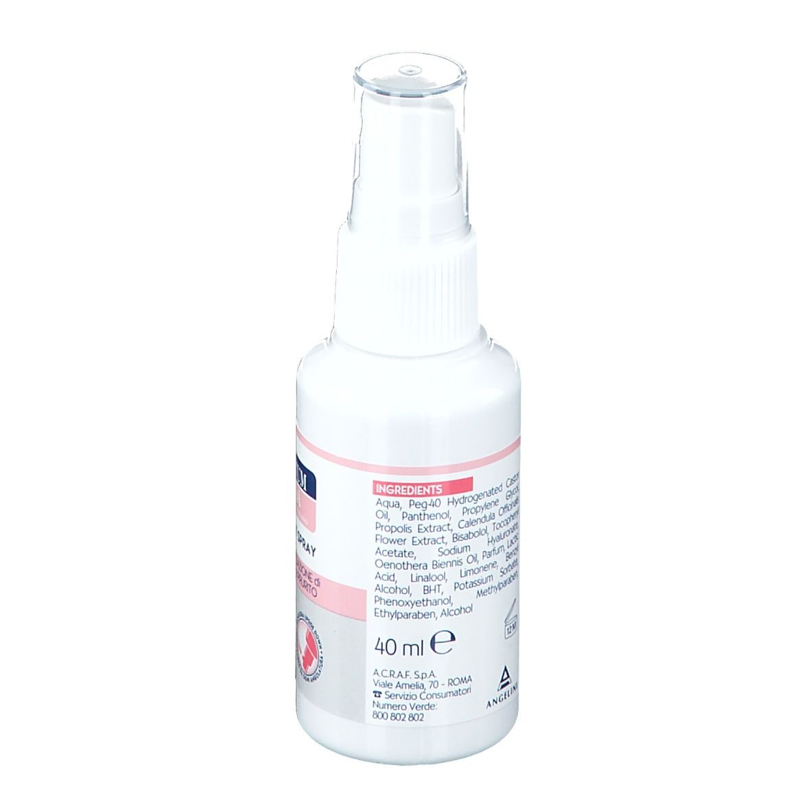 Dos du flacon de TANTUM ROSA Comfort-Spray. Texte : Ingrédients, 40 ml. Informations du fabricant.