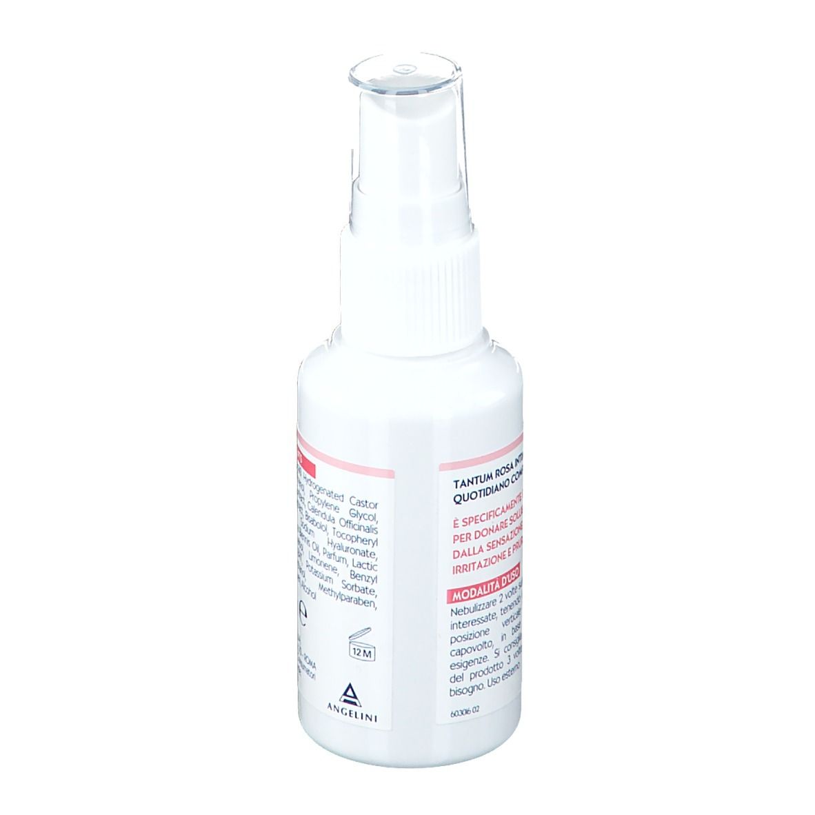 Dos du flacon de TANTUM ROSA Comfort-Spray. Texte : Instructions d'utilisation, symbole 12M.