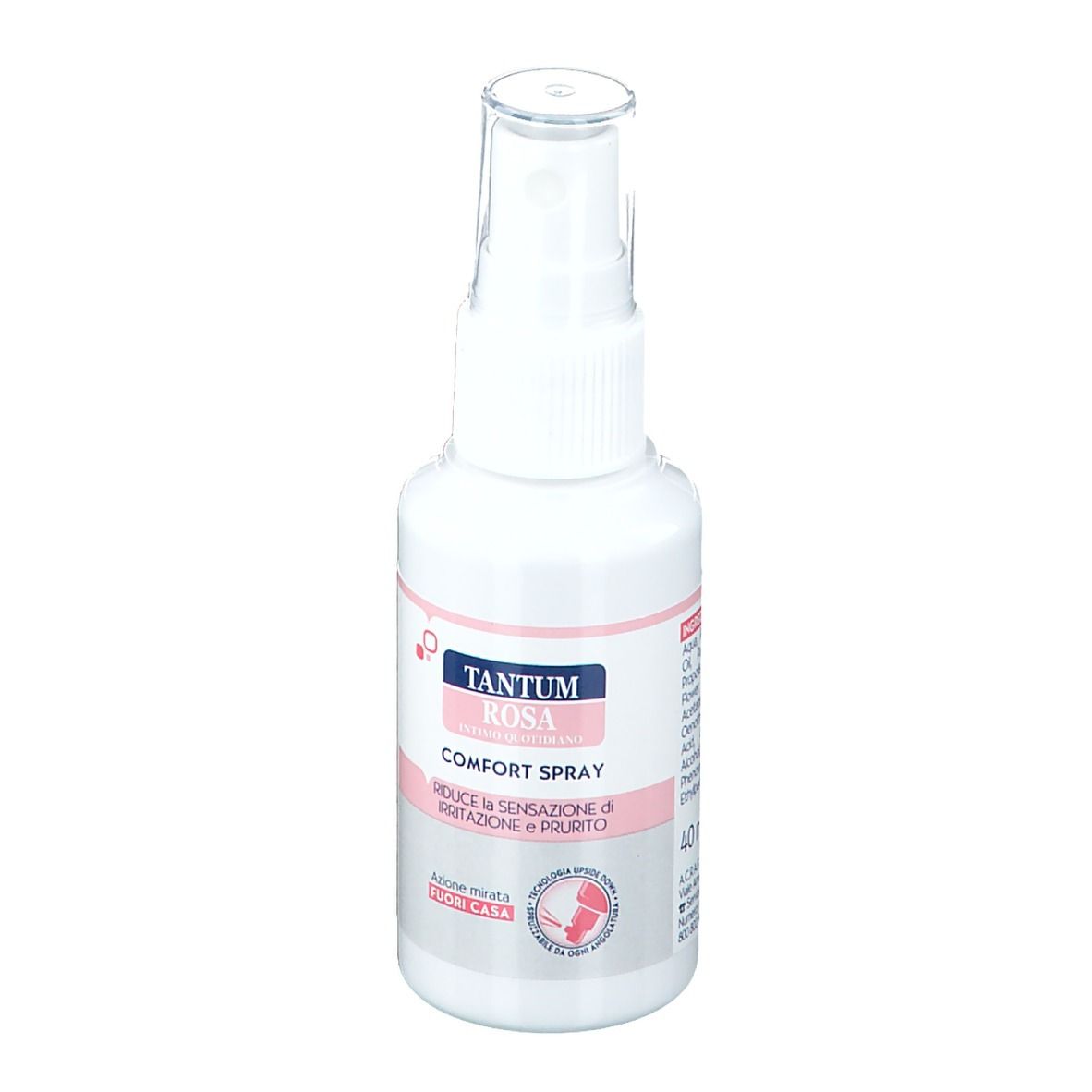 Flacon pulvérisateur blanc de TANTUM ROSA Comfort-Spray. Étiquette rose et blanche. Texte : Comfort Spray, réduit l'irritation.