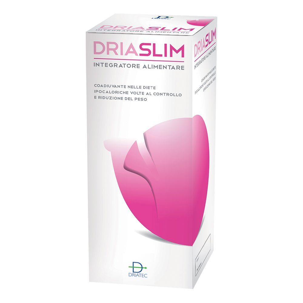 Scatola Driaslim, logo rosa. Testo: Integratore Alimentare. Design rosa. Marchio Driatec.