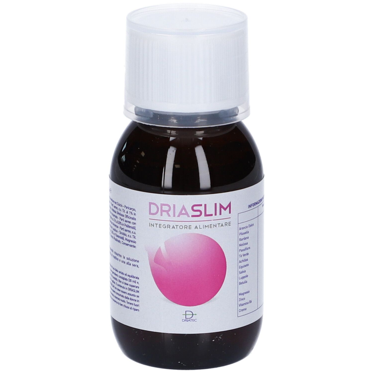 Liquido marrone in bottiglia con tappo bianco. Etichetta con logo e testo: Driaslim, Integratore Alimentare.