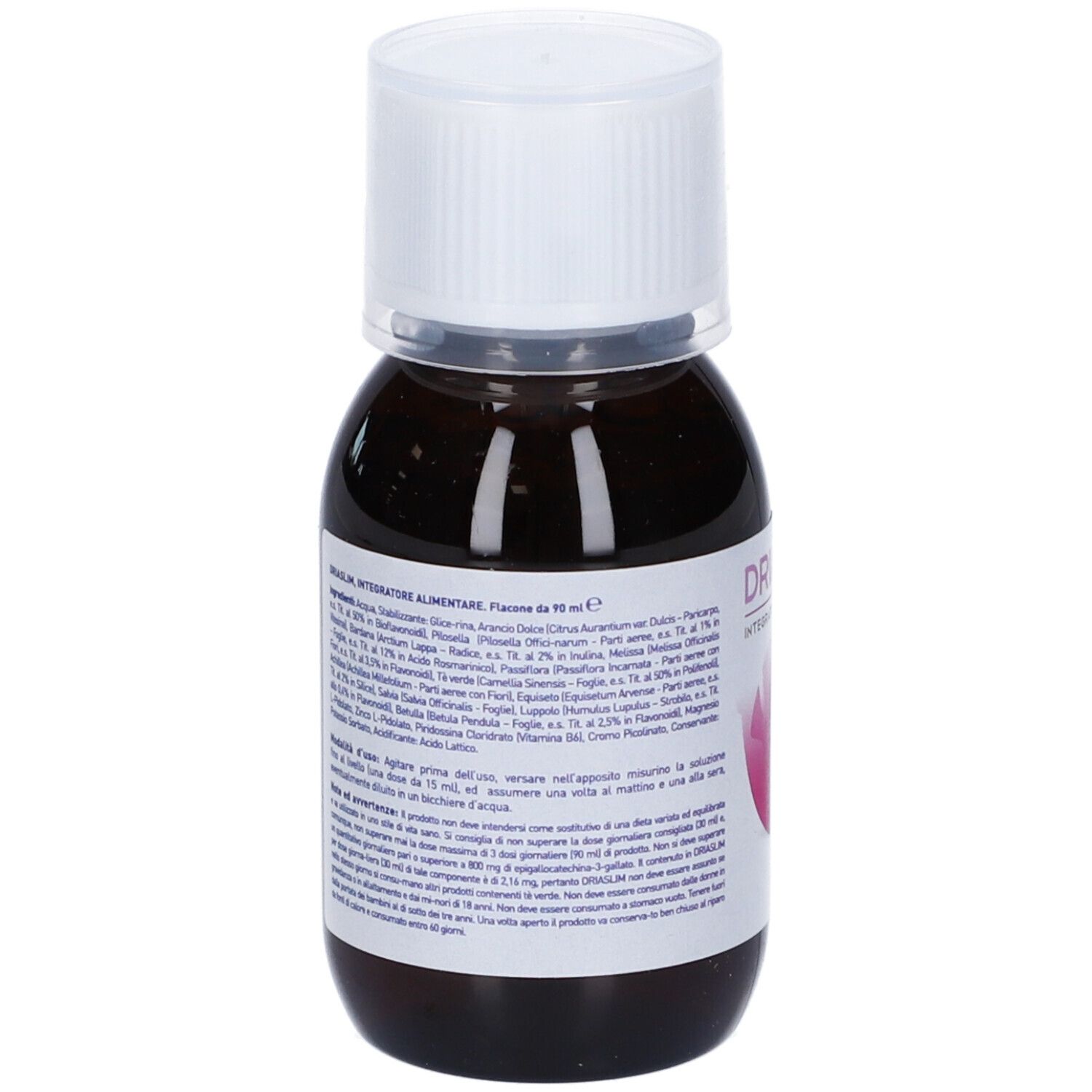 Bottiglia con liquido marrone. Etichetta con ingredienti e testo: Driaslim, Integratore Alimentare. Tappo bianco.